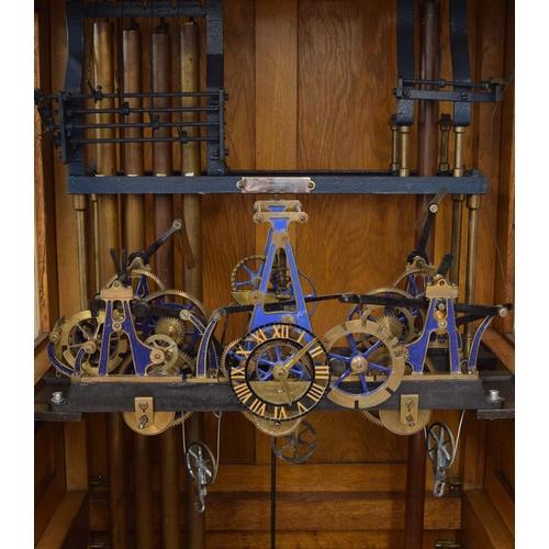 1319 - Good cast iron three train turret clock playing on five tubular bells, bearing a maker's silver plat... 