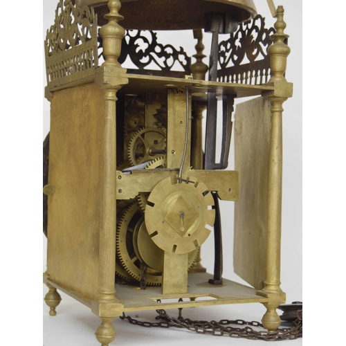 1307 - Interesting, rare and large period English brass lantern clock, the 10.25