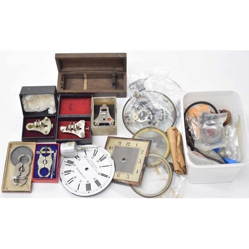 2106 - Various small cased clock and watch tools; also a quantity of various other clock parts including pl... 