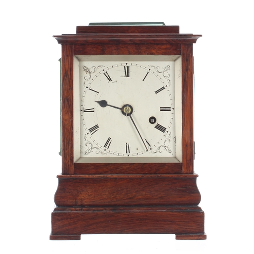 1328 - Good small English rosewood single fusee library clock, the 4