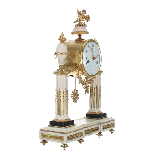 1522 - Good French white marble and ormolu mounted two train portico mantel clock, the 4