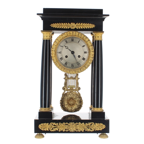 1524 - French black marble and ormolu mounted two train portico mantel clock, the 4