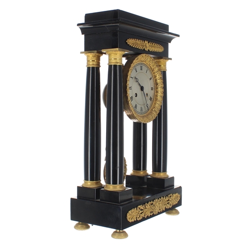 1524 - French black marble and ormolu mounted two train portico mantel clock, the 4