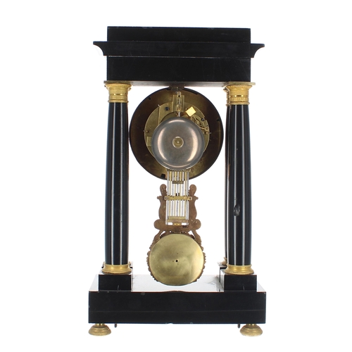 1524 - French black marble and ormolu mounted two train portico mantel clock, the 4