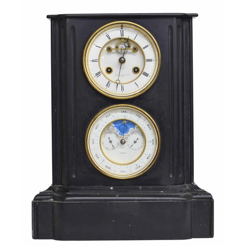 1529 - Good French black marble two train calendar mantel clock, the 4