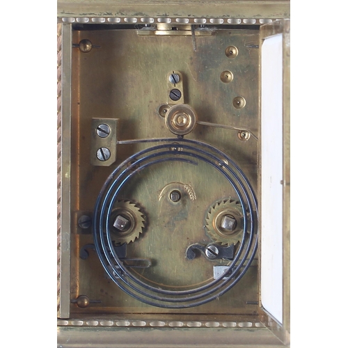 2511 - Reproduction porcelain panelled carriage clock striking on a gong, within a corniche brass case, 7.5... 