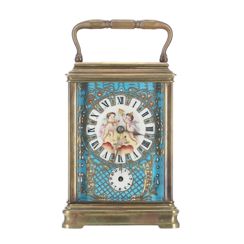 2512 - Reproduction porcelain panelled carriage clock with alarm, the movement striking on a bell, wit... 