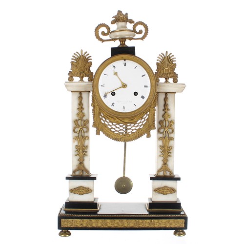 1523 - Good French white marble and ormolu mounted two train portico mantel clock, the 4.5