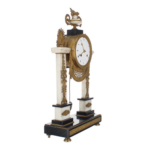 1523 - Good French white marble and ormolu mounted two train portico mantel clock, the 4.5