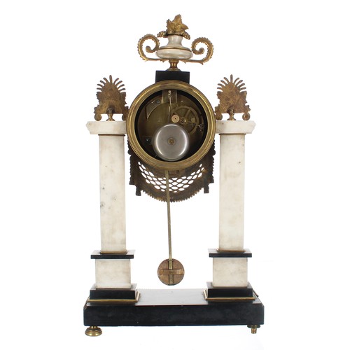 1523 - Good French white marble and ormolu mounted two train portico mantel clock, the 4.5