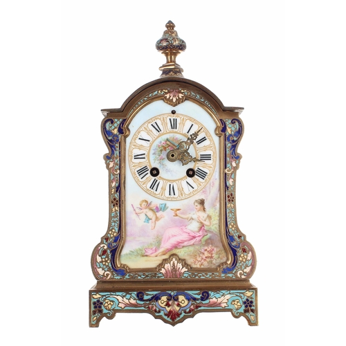 1327 - French champlevé and porcelain mounted small two train mantel clock, the Vincenti movement striking ... 