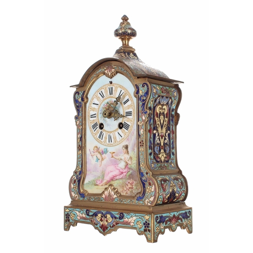 1327 - French champlevé and porcelain mounted small two train mantel clock, the Vincenti movement striking ... 