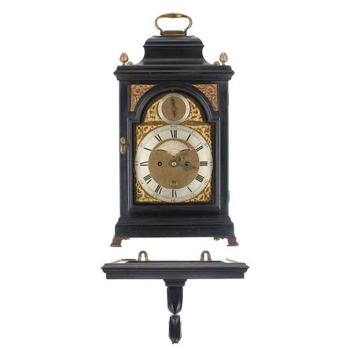 1335 - English ebonised double fusee bracket clock with wall bracket, the 7