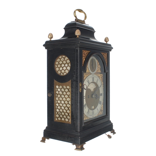 1335 - English ebonised double fusee bracket clock with wall bracket, the 7