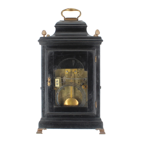 1335 - English ebonised double fusee bracket clock with wall bracket, the 7