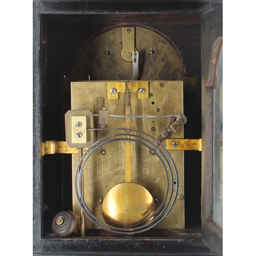 1335 - English ebonised double fusee bracket clock with wall bracket, the 7