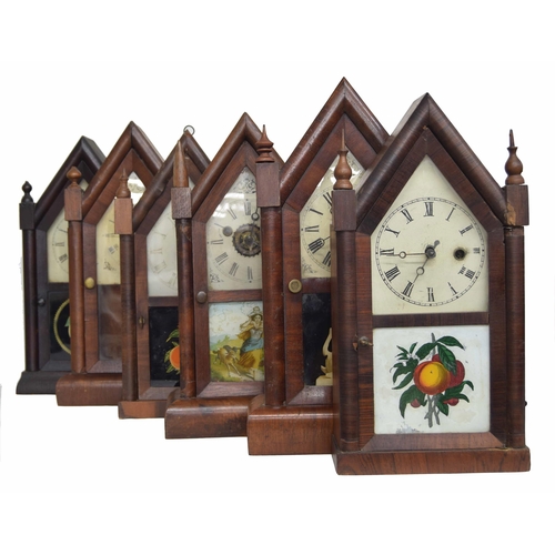 2520 - Six various miniature American steeple shelf clocks, all 14-16