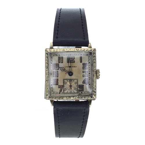 84 - Longines gold filled square cased gentleman's wristwatch, serial no. 4320774, circa 1925, engraved b... 