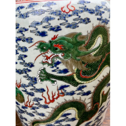 270 - Good pair of large Chinese porcelain vases converted to table lamps, profusely decorated with green ... 