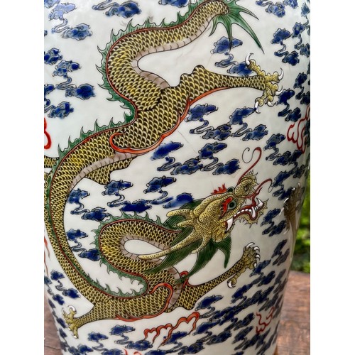 270 - Good pair of large Chinese porcelain vases converted to table lamps, profusely decorated with green ... 