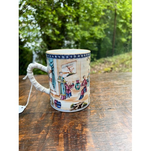 290 - Chinese export famille rose porcelain tankard, painted with scenes of figures in typical palette on ... 