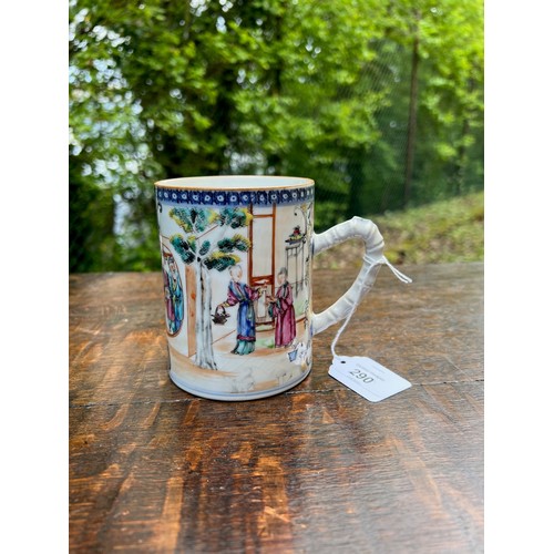 290 - Chinese export famille rose porcelain tankard, painted with scenes of figures in typical palette on ... 