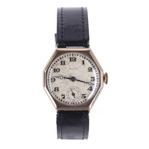 64 - Rolco (Rolex) 9ct octagonal wire-lug gentleman's wristwatch, import hallmarks Glasgow 1930, case no.... 