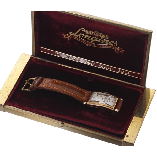 87 - Longines 14ct curved rectangular gentleman's wristwatch, rectangular silvered dial with applied gilt... 