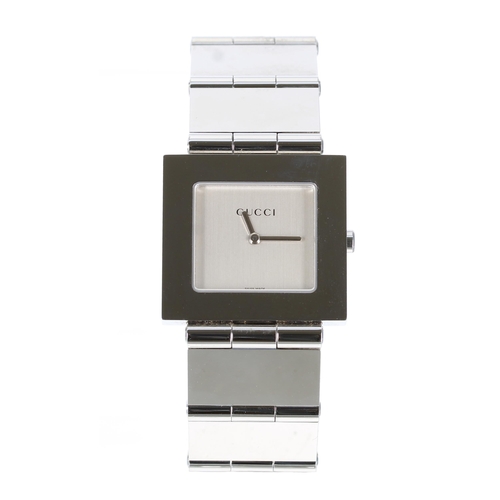 128 - Gucci 600 Series rectangular cased stainless steel wristwatch, reference no. 600M, square silvered d... 