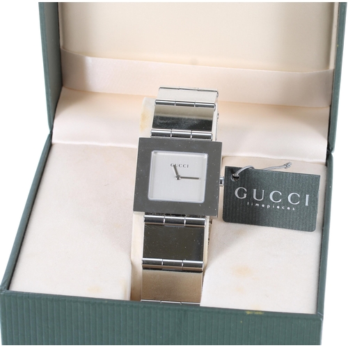 128 - Gucci 600 Series rectangular cased stainless steel wristwatch, reference no. 600M, square silvered d... 