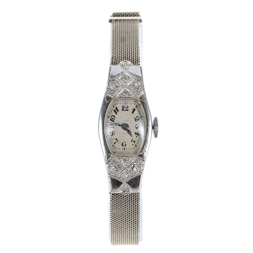 132 - 18ct white gold and diamond lady's cocktail watch, London 1930, silvered dial, the hinged case set w... 