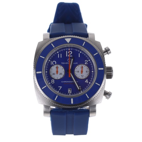 143 - Tempore Lux Vintage One Chronograph squared cased stainless steel divers wristwatch, circular blue d... 