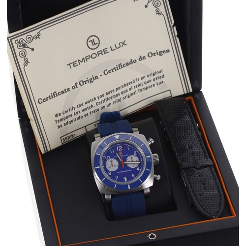 143 - Tempore Lux Vintage One Chronograph squared cased stainless steel divers wristwatch, circular blue d... 