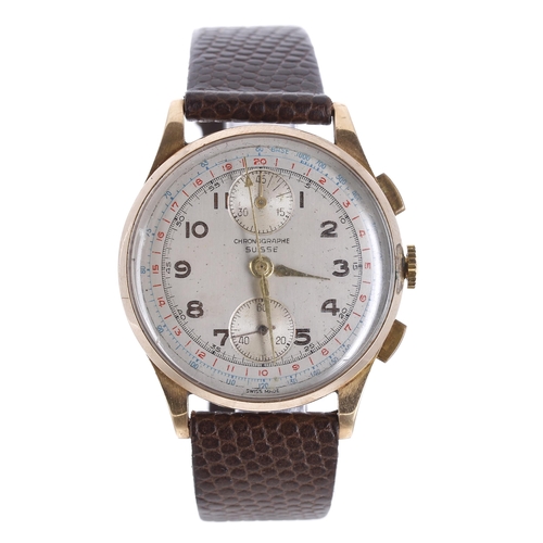 144 - Suisse Chronographe 18ct chronograph gentleman's wristwatch, case no. 159, circa 1950s, circular sil... 