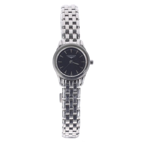 88 - Longines Flagship stainless steel lady's wristwatch, reference no. L4.215.4, black dial, Longines br... 