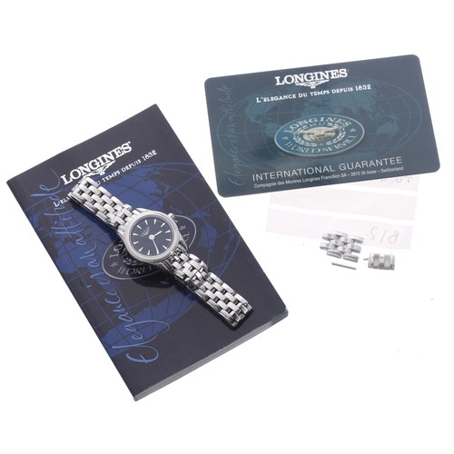 88 - Longines Flagship stainless steel lady's wristwatch, reference no. L4.215.4, black dial, Longines br... 