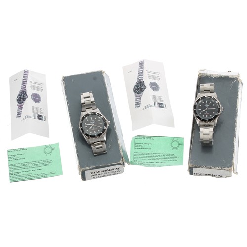 180 - Two Titan Submarine automatic stainless steel gentleman's wristwatches, 40mm bezel; both with box, l... 