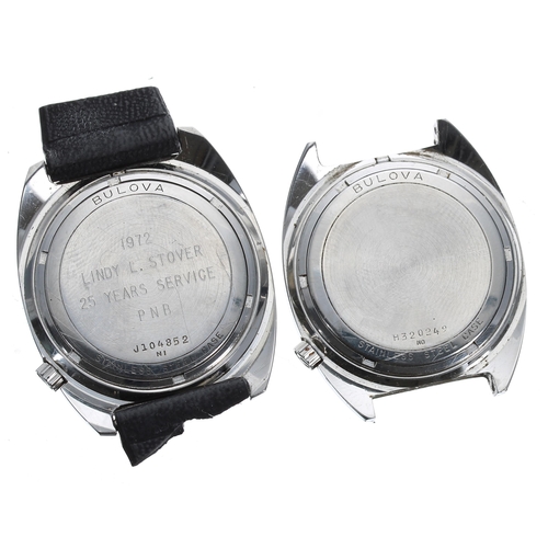 190 - Two Bulova Accutron stainless steel gentleman's wristwatches, one with inscribed case, lacking strap... 