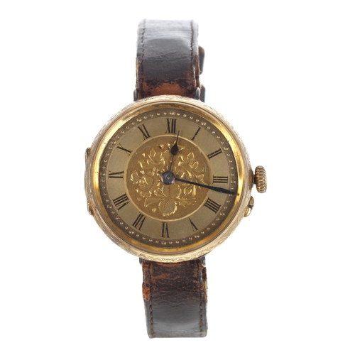 200 - 14ct wire-lug wristwatch, gilt engraved dial with Roman numerals, bar cylinder movement, engraved ca... 