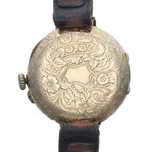 200 - 14ct wire-lug wristwatch, gilt engraved dial with Roman numerals, bar cylinder movement, engraved ca... 