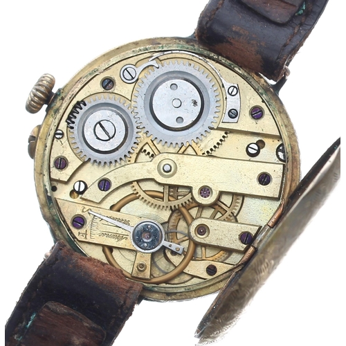 200 - 14ct wire-lug wristwatch, gilt engraved dial with Roman numerals, bar cylinder movement, engraved ca... 