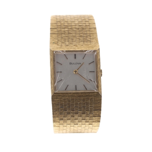 183 - Bulova gold plated and stainless steel wristwatch, square silvered dial, integral bracelet, 25mm... 