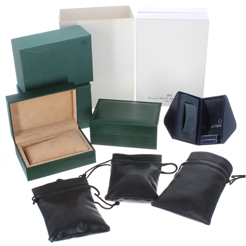 223 - International Watch Co. wristwatch box with outer sleeve; together with two green wristwatch boxes w... 