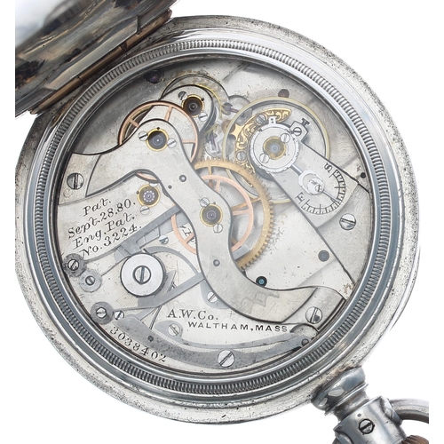 267 - American Waltham silver chronograph lever pocket watch, circa 1886, signed Patent movement, no. 3038... 