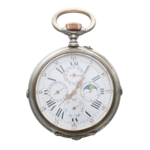 276 - Goliath calendar nickel cased lever pocket watch, bar lever movement with compensated balance and re... 