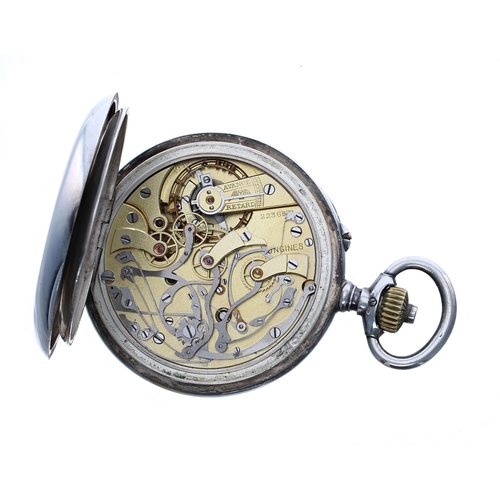 286 - Longines silver (0.900) centre seconds chronograph lever pocket watch, signed gilt frosted movement,... 