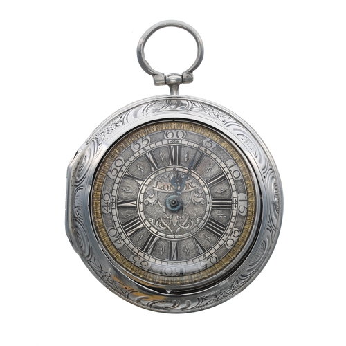 288 - English 18th century silver verge repoussé pair cased pocket watch, the movement signed Mason, Londo... 