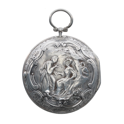 288 - English 18th century silver verge repoussé pair cased pocket watch, the movement signed Mason, Londo... 