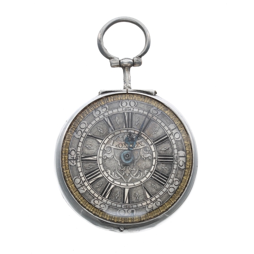 288 - English 18th century silver verge repoussé pair cased pocket watch, the movement signed Mason, Londo... 