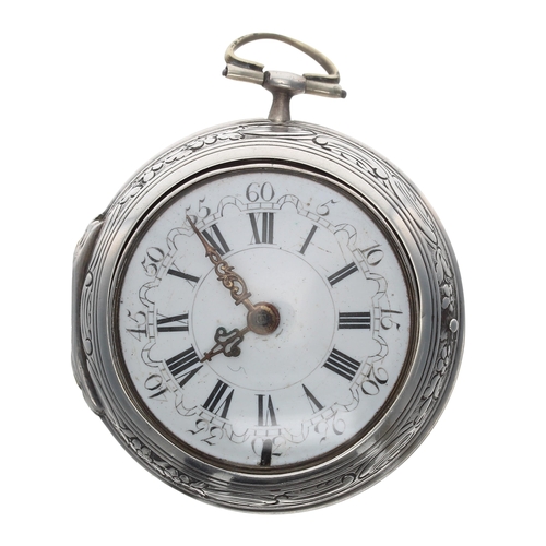 294 - George III silver verge repoussé pair cased pocket watch for repair, London 1793, the fusee movement... 